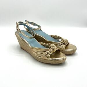 Frances Valentine Gold Knotted Strappy Espadrille Wedge Sandals Size 8